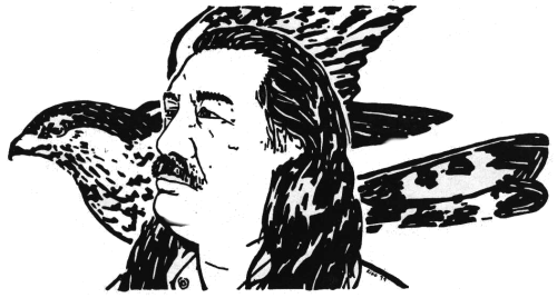 Line drawing of Leonard Peltier with an eagle